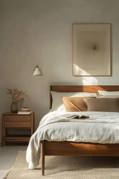 wooden bed frame, platform bed, king size bed, bedroom furniture, bed frame, brand awareness, lifestyle, minimalist, calm, luxurious, neutral, brown
